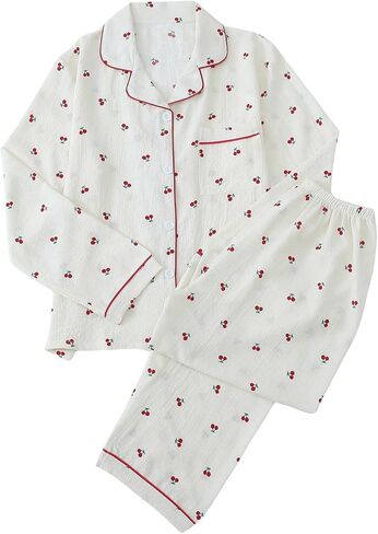 نساء 2 قطعة PJ مجموعة الكرز طباعة بيجاما الأكمام طويلة الأزر in Kuwait