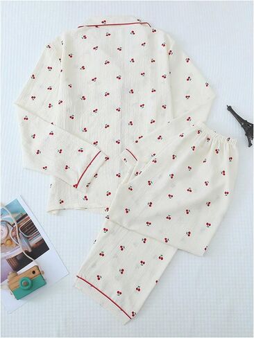 نساء 2 قطعة PJ مجموعة الكرز طباعة بيجاما الأكمام طويلة الأزر in Kuwait