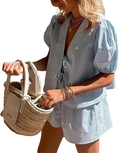 Women's Y2k Gingham Shorts Sets 2 Piece Outfits Summer Puff Sleeve Tie Front Tops Peplum Shirt Pajamas Sets 2025 in Kuwait