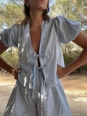 Women's Y2k Gingham Shorts Sets 2 Piece Outfits Summer Puff Sleeve Tie Front Tops Peplum Shirt Pajamas Sets 2025 in Kuwait