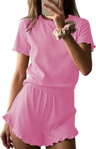 Ekouaer Womens Ribbed Knit Pajama Sets 2 Piece Short Sleeve Pjs Cute Pajamas Ruffle Lounge Sets Soft Sleepwear Set S-XXL in Saudi Arabia