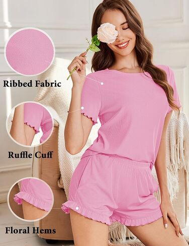 Ekouaer Womens Ribbed Knit Pajama Sets 2 Piece Short Sleeve Pjs Cute Pajamas Ruffle Lounge Sets Soft Sleepwear Set S-XXL in Saudi Arabia