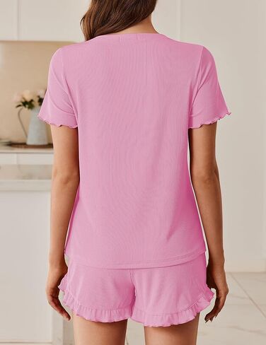 Ekouaer Womens Ribbed Knit Pajama Sets 2 Piece Short Sleeve Pjs Cute Pajamas Ruffle Lounge Sets Soft Sleepwear Set S-XXL in Saudi Arabia