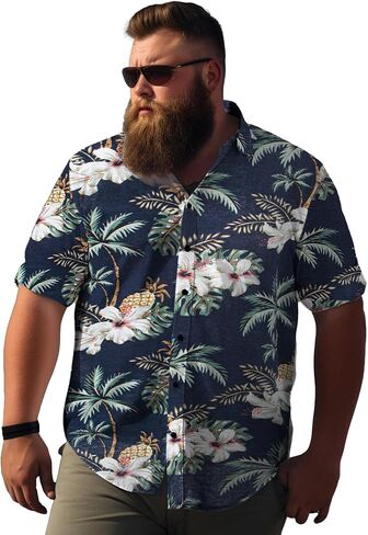 Weecreeture Big and Tall Men's Hawaiian Shirt - Short Sleeve, Tropical Floral Button Down Casual Summer Beach Shirt in Kuwait
