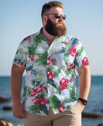 Weecreeture Big and Tall Men's Hawaiian Shirt - Short Sleeve, Tropical Floral Button Down Casual Summer Beach Shirt in Kuwait