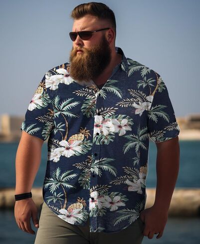 Weecreeture Big and Tall Men's Hawaiian Shirt - Short Sleeve, Tropical Floral Button Down Casual Summer Beach Shirt in Kuwait