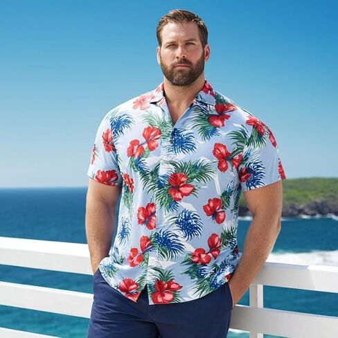 Weecreeture Big and Tall Men's Hawaiian Shirt - Short Sleeve, Tropical Floral Button Down Casual Summer Beach Shirt in Kuwait
