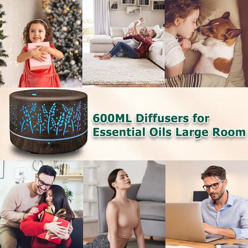 Diffusers for Essential Oils Large Room with R/C,600ml Essential Oil Diffusers for Home,Waterless Auto Off 7 Colors Changed 3 Mist Modes,Cool Mist Humidifiers for House Bedroom Decor,Gifts,Dark Wood in Saudi Arabia