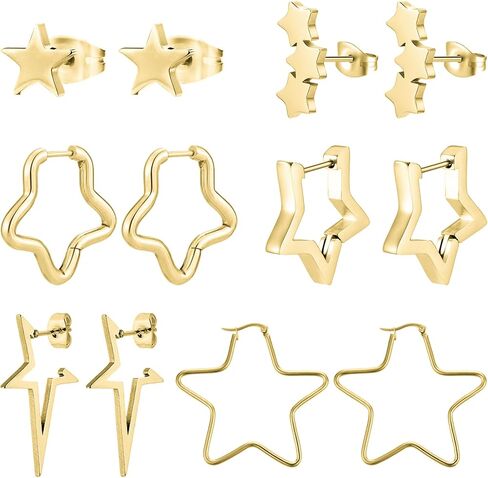 NEWITIN 6 Pairs Star Earrings for Women Hypoallergenic Studs Silver Gold Star Earring 18K Gold Plated Cartilage Stud Earrings Stars Hoop Earring for Women in Saudi Arabia