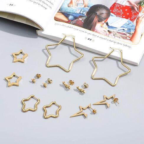 NEWITIN 6 Pairs Star Earrings for Women Hypoallergenic Studs Silver Gold Star Earring 18K Gold Plated Cartilage Stud Earrings Stars Hoop Earring for Women in Saudi Arabia