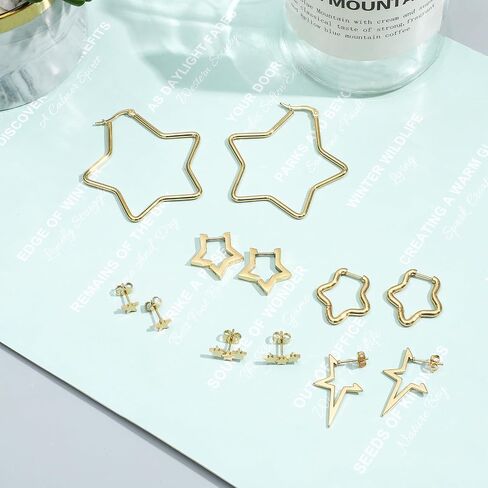 NEWITIN 6 Pairs Star Earrings for Women Hypoallergenic Studs Silver Gold Star Earring 18K Gold Plated Cartilage Stud Earrings Stars Hoop Earring for Women in Saudi Arabia