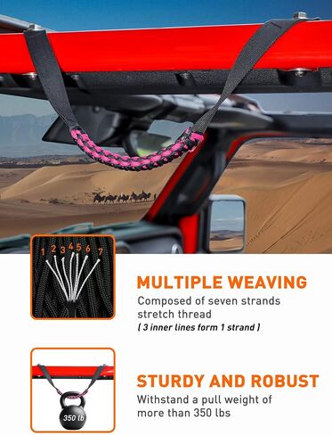 Savadicar 2 Pack Roll Bar Grab Handles for 2018-2024 Jeep Wrangler JL JLU 4XE & Gladiator JT, Roof Top Paracord Handle for Secure Grip, Essential Interior Accessories, Pink in Kuwait