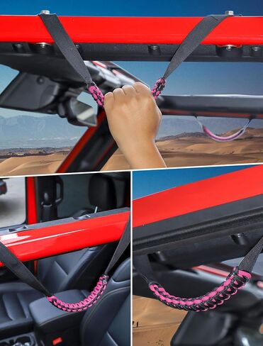 Savadicar 2 Pack Roll Bar Grab Handles for 2018-2024 Jeep Wrangler JL JLU 4XE & Gladiator JT, Roof Top Paracord Handle for Secure Grip, Essential Interior Accessories, Pink in Kuwait