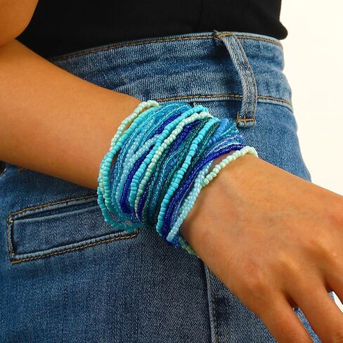 Soyzvteo 30Pcs Elastic Beaded Bracelets Multicolor Bohemian Stackable Stretch Bracelets Handmade Bead Ankle Bracelets Jewelry in Kuwait