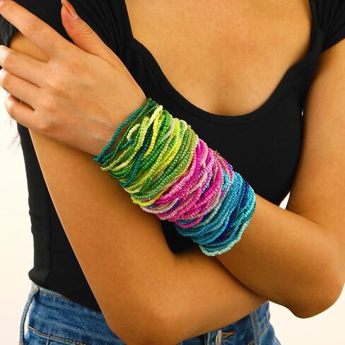 Soyzvteo 30Pcs Elastic Beaded Bracelets Multicolor Bohemian Stackable Stretch Bracelets Handmade Bead Ankle Bracelets Jewelry in Kuwait
