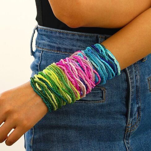 Soyzvteo 30Pcs Elastic Beaded Bracelets Multicolor Bohemian Stackable Stretch Bracelets Handmade Bead Ankle Bracelets Jewelry in Kuwait