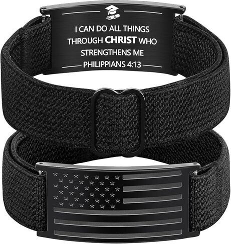 Valentines Day Gifts - Patriotic American Flag Bracelet for Men - Military Adjustable Black Elastic Strap with Bible Verse - Veteran Gifts, Birthday Gift for Boys in Kuwait
