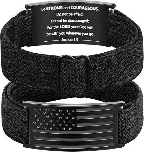 Valentines Day Gifts - Patriotic American Flag Bracelet for Men - Military Adjustable Black Elastic Strap with Bible Verse - Veteran Gifts, Birthday Gift for Boys in Kuwait