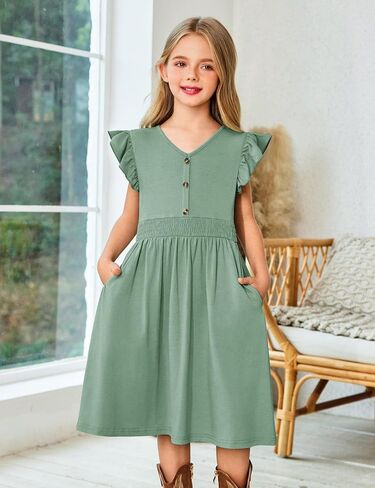 أرشينر فتيات الفتيات الفتيات الكشكش الأكمام a-line v-sundress sundress swing swing midi dress مع جيوب in Kuwait