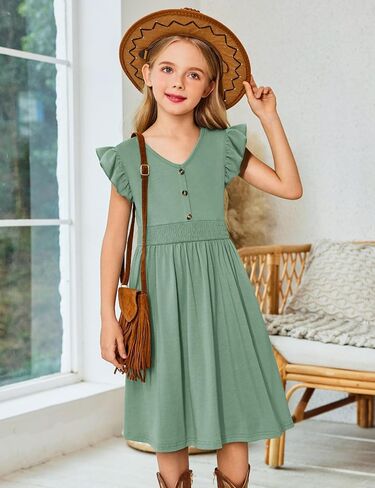 أرشينر فتيات الفتيات الفتيات الكشكش الأكمام a-line v-sundress sundress swing swing midi dress مع جيوب in Kuwait