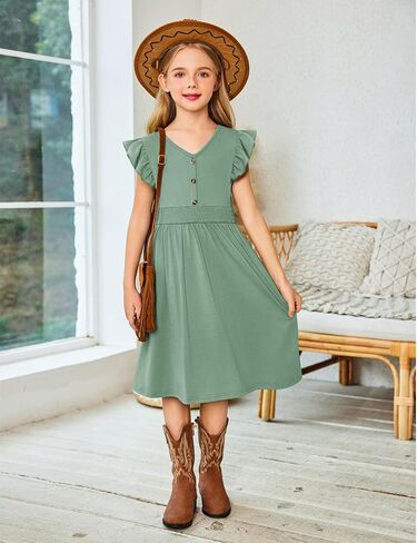 أرشينر فتيات الفتيات الفتيات الكشكش الأكمام a-line v-sundress sundress swing swing midi dress مع جيوب in Kuwait