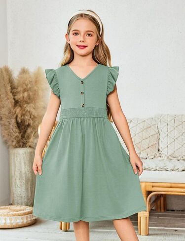 أرشينر فتيات الفتيات الفتيات الكشكش الأكمام a-line v-sundress sundress swing swing midi dress مع جيوب in Kuwait