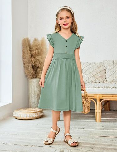 أرشينر فتيات الفتيات الفتيات الكشكش الأكمام a-line v-sundress sundress swing swing midi dress مع جيوب in Kuwait