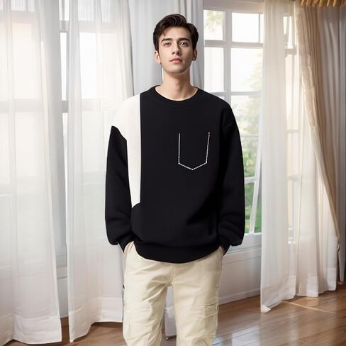 Gurunvani Mens Color Block Sweatshirt Crewneck Patchwork Sweatshirt Workout Pullover Top in Kuwait