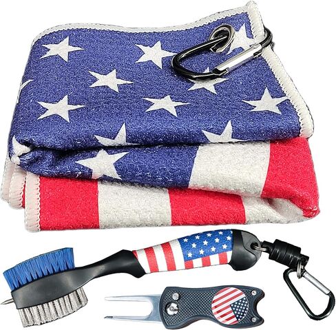 Golf Club Brush and Amercian Flag Golf Towels, Golf Groove Cleaner Cleaning kit, Golf Accessories Cleaner Tool with Strong Magnet Stick to Golf Clubs or Bag in Kuwait