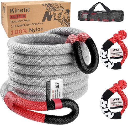 NTR 1-1/8" x 30' Kinetic Recovery Tow Rope (37,480lbs), with 2 UHMWPE Soft Shackles (40,980lbs), Heavy-Duty Offroad Snatch Strap, Vehicle Recovery kit for Jeep car Truck ATV UTV SUV, Grey in Kuwait