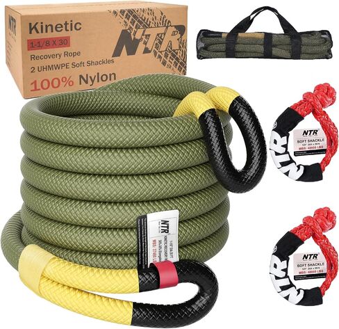 NTR 1-1/8" x 30' Kinetic Recovery Tow Rope (37,480lbs), with 2 UHMWPE Soft Shackles (40,980lbs), Heavy-Duty Offroad Snatch Strap, Vehicle Recovery kit for Jeep car Truck ATV UTV SUV, Grey in Kuwait