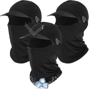 Eurzom 3 Pcs Summer Balaclava Cooling Mask Breathable Ice Silk Full Face Helmet Liner with Brim and Reflective Glasses Hole UV Protection Hood Neck Gaiter for Man Women Cycling Fishing Sports, Black