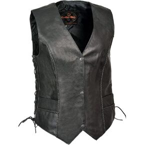 Milwaukee Leather SH2045 Women's Black Thin Braid Leather Side Lace Motorcycle Rider Vest- Front Snap Closure