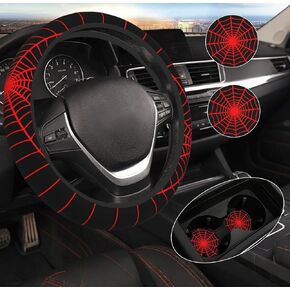 Black Spider Web Steering Wheel Cover with 2PCS Car Coasters Auto Steering Wheel Protector Anti-Slip Breathable 15 Inch Car Accessories (Black)