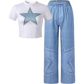 Girl's 2 Pieces Outfits Graphic Stars Print Short Sleeve T-shirt and Jean Pants Set