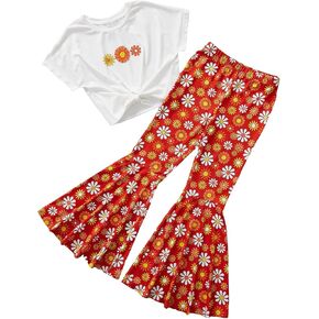 OYOANGLE Girl's 2 Piece Outfits Clothes Set Graphic Print Short Sleeve T-Shirt and Flare Leg Pants Set Red and White 11-12Y