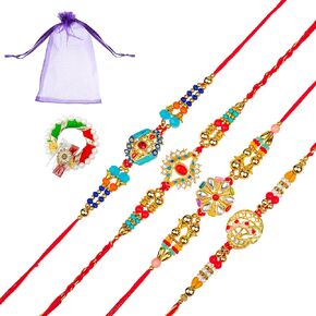 Set of 4 Rakhi for Brother Bhabhi Bhatija Bhaiya Bhai Raksha Bandhan Rakhi Thread with Roli Chawal Gift Pack