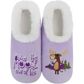 Snoozies Cozy Women's Animal Slipper Socks - Fuzzy, Non-Slip Sole Indoor House Slippers with Grips - Make The Moose Out Of Life - Small