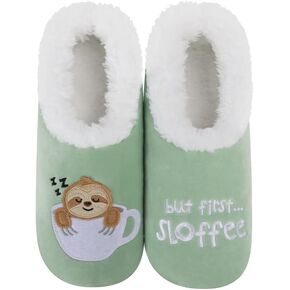Snoozies Pairable Slipper Socks - Funny House Slippers for Women, Non-Slip Fuzzy Slipper Socks - But First, Coffee (Sage Green) - Large