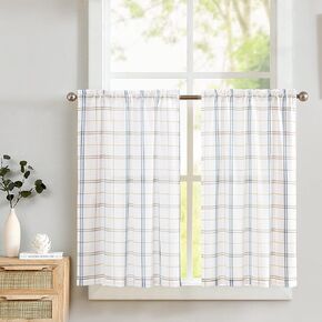 Lazzzy Blue Buffalo Check Kitchen Curtains 24 Inch Length, Gingham Linen Window Cafe Curtains Over Sink, Farmhouse Plaid Short Tier Curtain for Kitchen Bathroom, 36" x 24", Blue on White, 2 Panels