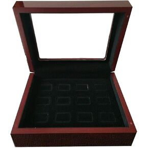 12 Holes Championship Big Heavy Ring Display Case Wooden Jewelry Box Red Velvet Inside (Red) (Black)