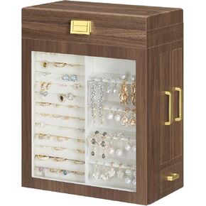 HOOBRO Jewelry Box for Women, Wooden Jewelry Organizer Box with Mirror, 3 Side Drawers, Large Capacity Jewelry Box, Gift for Loved Ones, Walnut DH17JB04