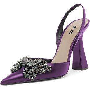 FYS Women Pretty Elegant Slip on Pointed Toe Slingback Sandals D'Orsay Pumps Butterfly Crystal Rhinestones Chunky High Heel Slide Shoes Dress Wedding Prom Shoes Size 4-15 US