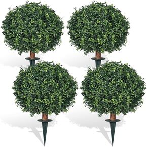 24" UV Resistant Artificial Boxwood Ball Topiary Trees, 4-Pack Easy Ground Spike Installation Realistic Evergreen Fake Shrubs for Indoor/Outdoor Decor, Faux Boxwood Bush for Home, Garden, Porch, Yard