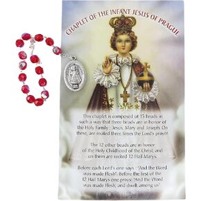 Needzo Pocket Prayers and Rosaries Jesus Of Prague Catholic Prayer Card and Rosary Gift Set, Chaplet with Red Crystal Beads and Silver Tone Medal, 5.75 Inches