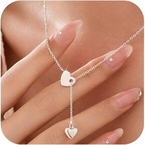 Suyacs 925 Sterling Silver Lariat Big Love Heart Netlaces for Women Double Heart Necklace Trendy Simpleist Simpleist Drop Drange Chain Bendant Necklace Jewelry for Mom Momen Faert
