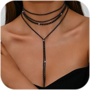 Layered Rhinestone Necklaces for Women Boho Fashion Y Long Neckalce Prom Shinny Black Silver Rhinestones Choker Necklace Wedding Bridal Jewerly