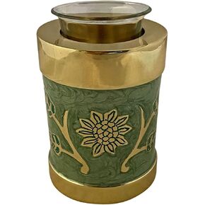 Green Garden Brass Large Cremation Urn | Unique Brass Funeral Urn with Gold & Green Enamel Details | Large