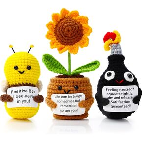 3 Pcs Cute Crochet Doll with Positive Card Teacher Appreciation Gifts Soft Wool Knitting Toy Positive Crochet Sunflower Bomb Bee Doll Funny Animals for Gift Encouragement Support