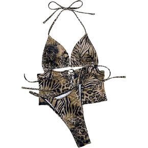 GORGLITTER Women's Leopard Halter Tankini Swimsuits High Waisted String Thong Cheeky Bikini Sets Bow Tie Bathing Suit